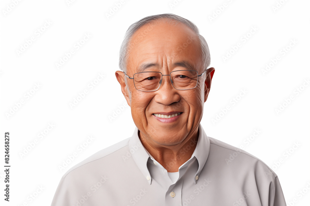 Smiling senior asian man on white background. Topics related to old age. Asian. China. Japan. Retirement home. Retirement. Image for Graphic Designer. Senior residence. AI. Smiling senior asian man on white background. Topics related to old age. Asian. China. Japan. Retirement home. Retirement. Image for Graphic Designer. Senior residence. AI.