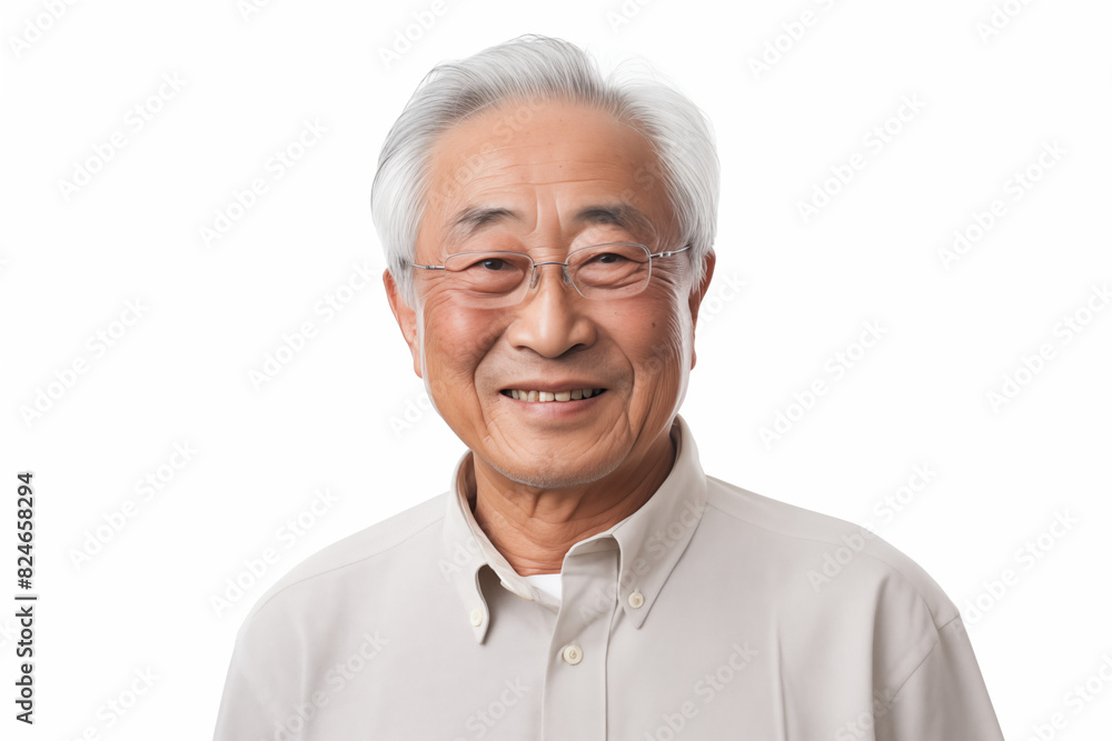 Smiling senior asian man on white background. Topics related to old age. Asian. China. Japan. Retirement home. Retirement. Image for Graphic Designer. Senior residence. AI. Smiling senior asian man on white background. Topics related to old age. Asian. China. Japan. Retirement home. Retirement. Image for Graphic Designer. Senior residence. AI.