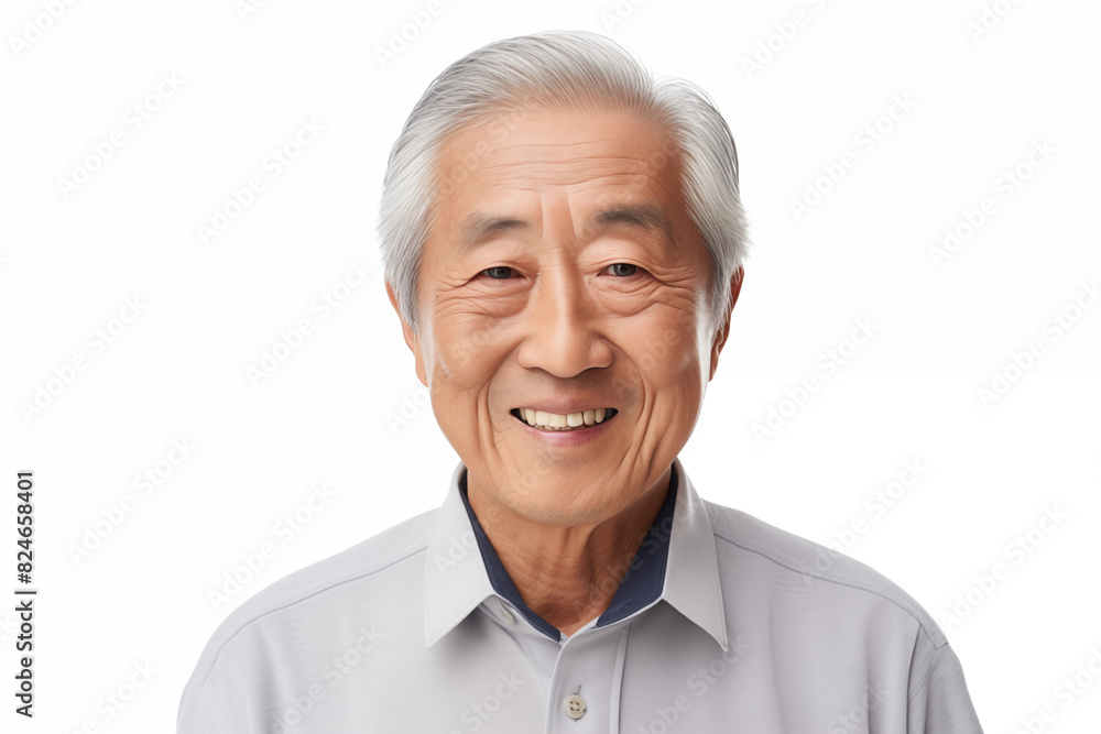Smiling senior asian man on white background. Topics related to old age. Asian. China. Japan. Retirement home. Retirement. Image for Graphic Designer. Senior residence. AI. Smiling senior asian man on white background. Topics related to old age. Asian. China. Japan. Retirement home. Retirement. Image for Graphic Designer. Senior residence. AI.