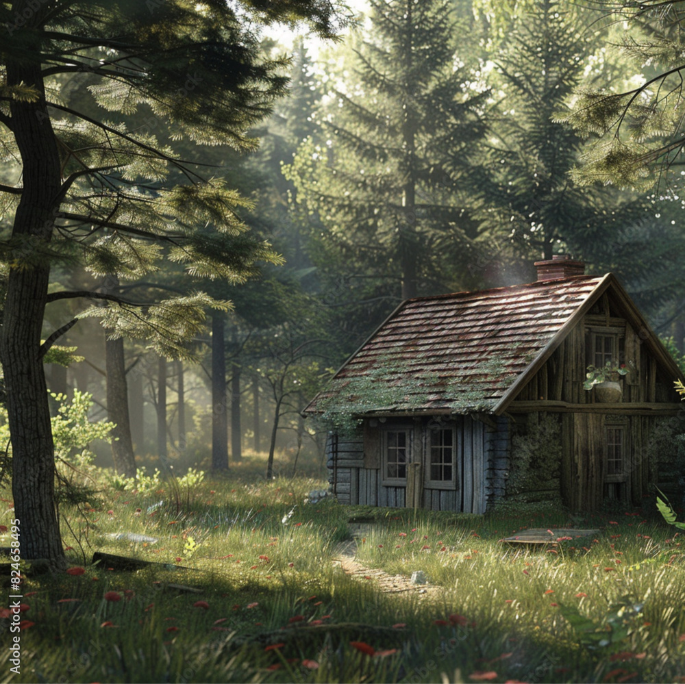 little hut in the forest, natural light, soft atmosphere, no people little hut in the forest, natural light, soft atmosphere, no people