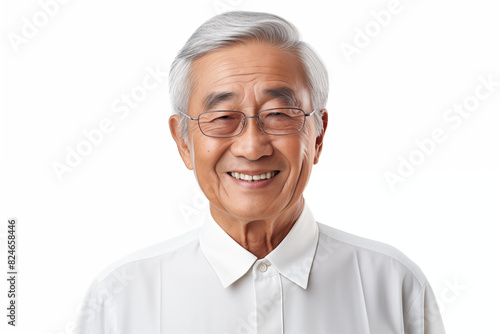 Smiling senior asian man on white background. Topics related to old age. Asian. China. Japan. Retirement home. Retirement. Image for Graphic Designer. Senior residence. AI.