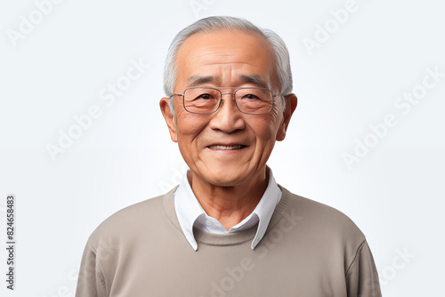 Smiling senior asian man on white background. Topics related to old age. Asian. China. Japan. Retirement home. Retirement. Image for Graphic Designer. Senior residence. AI.
