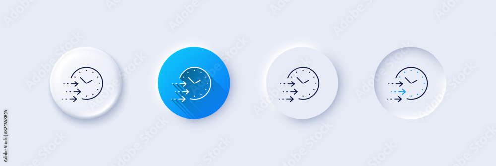 Delivery time line icon. Neumorphic, Blue gradient, 3d pin buttons. Express courier sign. Fast shipping symbol. Line icons. Neumorphic buttons with outline signs. Vector Delivery time line icon. Neumorphic, Blue gradient, 3d pin buttons. Express courier sign. Fast shipping symbol. Line icons. Neumorphic buttons with outline signs. Vector