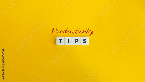 Productivity Tips Banner. Personal Development Ideas. Text on Block Letter Tiles and Icon on Flat Background. Minimalist Aesthetics. photo