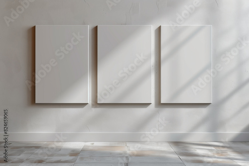 three white blank canvases hanging on a wall in a room photo