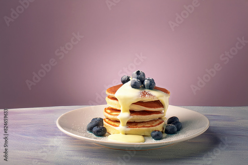 Pancakes stack with blueberries topping and bee honey breakfast food