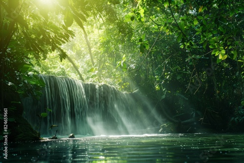 A hidden waterfall in a dense forest, sunlight filtering through the trees and illuminating the water