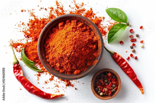 A top view of red chili powder in a bowl with fresh chili peppers and mixed spices on a white background, showcasing vibrant colors and spices.