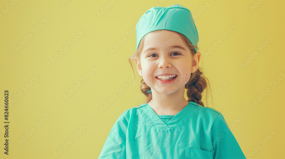 A cute happy smiling young American white girl dresses green scrubs like a nurse on a plain yellow background with copy space for text. A cute happy smiling young American white girl dresses green scrubs like a nurse on a plain yellow background with copy space for text.