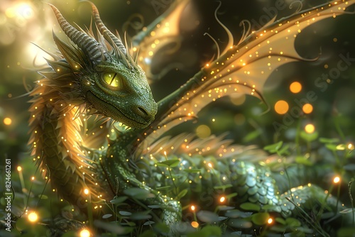 Wallpaper Mural A magical green dragon with glowing scales in a forest setting. Torontodigital.ca