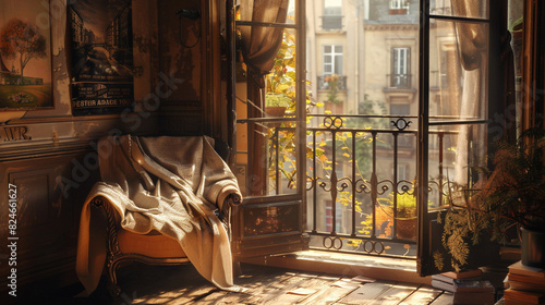 A Parisian apartment bedroom with a Juliet balcony overlooking a charming cobblestone street. Sunlight spills through the wrought iron railings photo