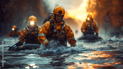 A rescue team overcomes flooded waters in a popula