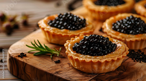 Tartlets topped with black caviar arranged on a wooden board