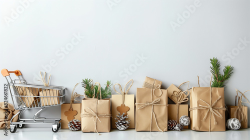 Shopping Cart Filled With Christmas Presents Next to Pile of Wrapped Presents photo