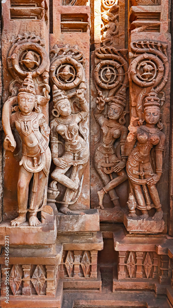 Carvings of Doorkeeper and River Goddess Ganga on Entrance of Shri Siddhanath Temple, Omkareshwar, Madhya Pradesh, India.