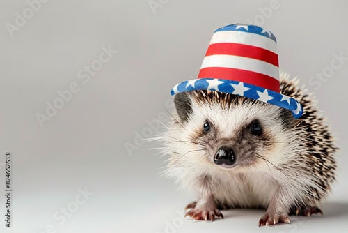 Sweet hedgehog dressed in a 4th of July hat with space for copy. photo