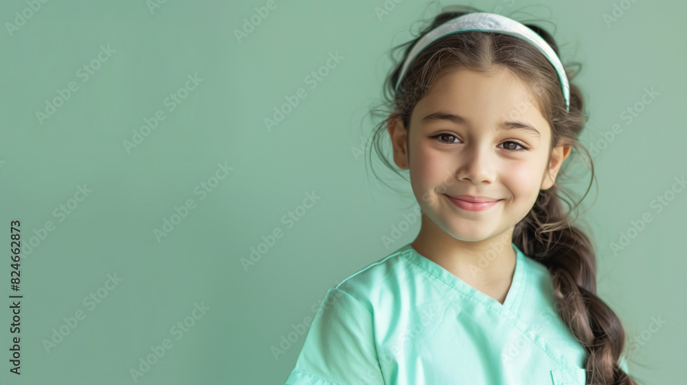 A cute happy smiling young Latin girl dresses green scrubs like a nurse on a plain green background with copy space for text. A cute happy smiling young Latin girl dresses green scrubs like a nurse on a plain green background with copy space for text.