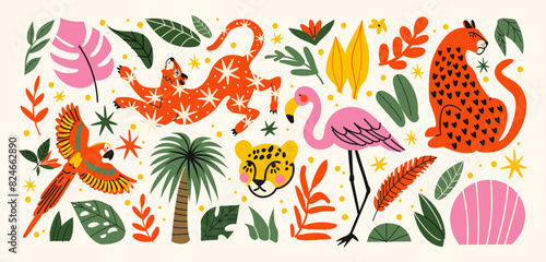 Stickers exotic tropical leaves, tigers, leopards and wild animals, birds, jungle plants, palm trees, monstera leaves and flowers. Set of vector jungle stickers in cartoon retro style