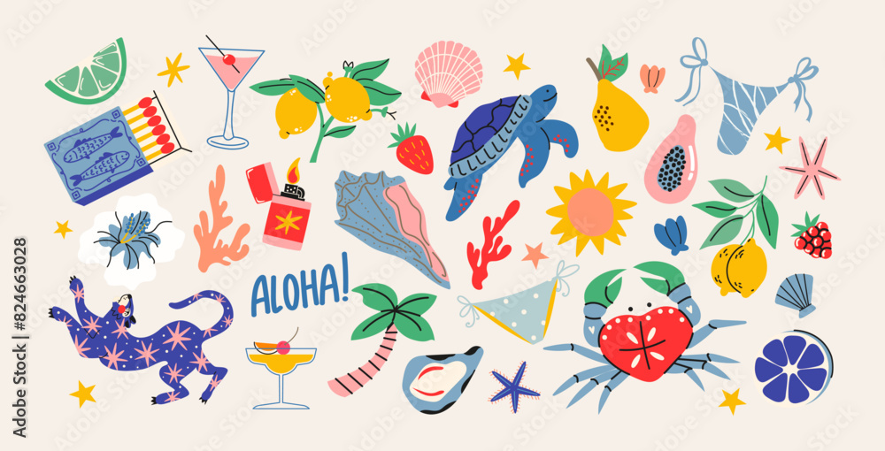 Cartoon beach tropical stickers.Coast elements, animals, fruits, food, drinks, palm trees. Trendy groovy doodle aesthetic minimalist printable patch set
