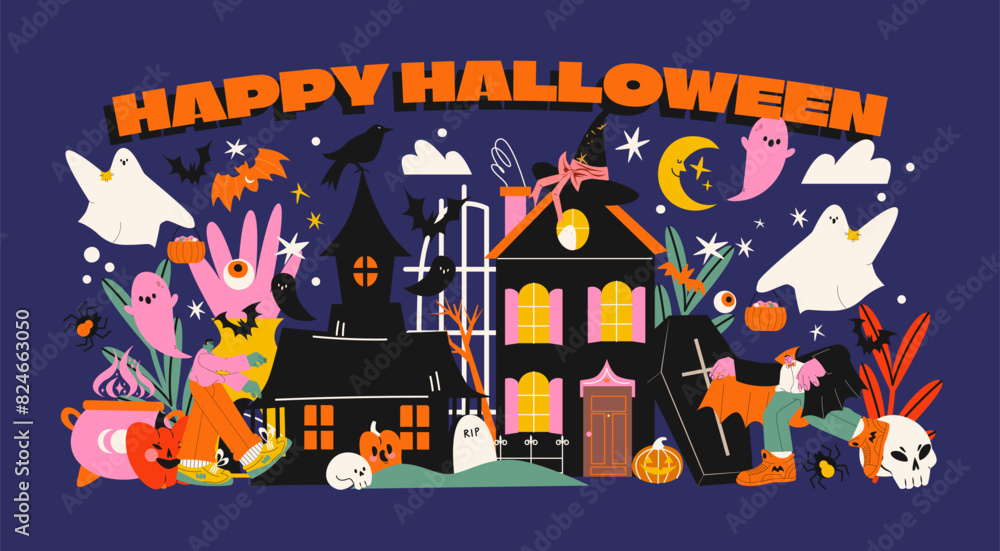 Obraz premium Happy Halloween. Cartoon banner, holiday poster with pumpkins, ghosts, zombies, dracula. Mystical scary background, retro party, trick on treat. Creepy skeleton spooky scary in retro 90s doodle style
