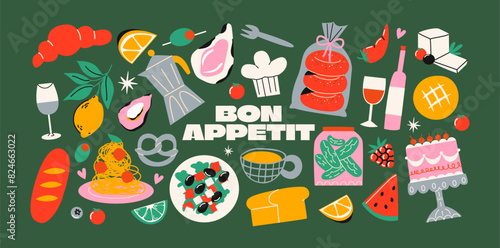 Set of fresh food products. Grocery basket, dishes, baked goods, drinks, delicacies, ingredients. Fresh grocery products. Cartoon doodle carton retro supermarket stickers