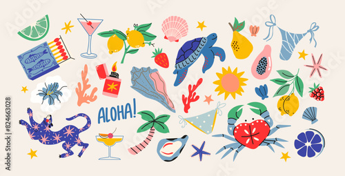 Cartoon beach tropical stickers.Coast elements, animals, fruits, food, drinks, palm trees. Trendy groovy doodle aesthetic minimalist printable patch set