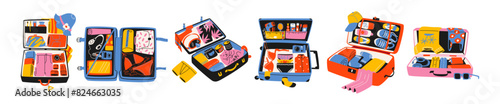 Set cartoon open luggage, travel bags, suitcases with clothes for travel. Packing for vacation, beach. Various clothes, accessories, vacation concept. Vector doodle groovy drawing in retro style
