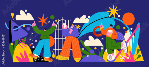 Back to school, cartoon school children characters with abstract background. Mascot students with notebooks and smartphones. Vector trendy banner poster in geometric doodle groovy retro style 90s