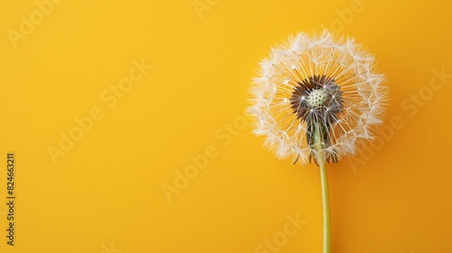 Dandelion set against a solid yellow background  with clear blank space for your message.