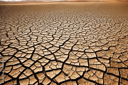 Desertification depicted - cracked parched land due to droughts.