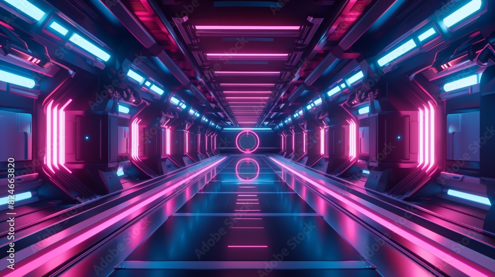 Futuristic Sci-Fi Interior with Blue and Pink and Purple Neon Lights, Spaceship Corridor Design, Product Background Futuristic Sci-Fi Interior with Blue and Pink and Purple Neon Lights, Spaceship Corridor Design, Product Background