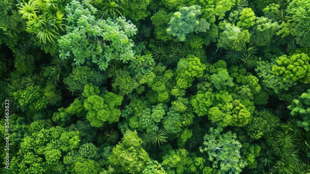 Aerial view of a lush, green forest with dense tree canopy, showcasing the beauty and diversity of jungle foliage from above.