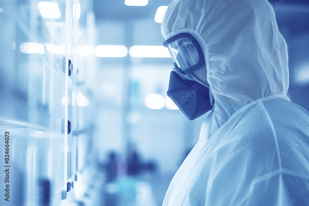 Scientist in protective gear working in a high-tech laboratory environment. Scientist in protective gear working in a high-tech laboratory environment.