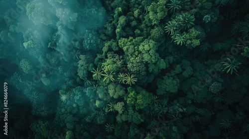 Aerial view of a dense tropical rainforest, showcasing lush greenery, towering trees and a mysterious mist creating a serene natural landscape. photo