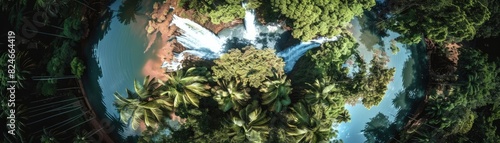 Aerial view of lush green tropical rainforest with a winding river and cascading waterfall surrounded by dense foliage.