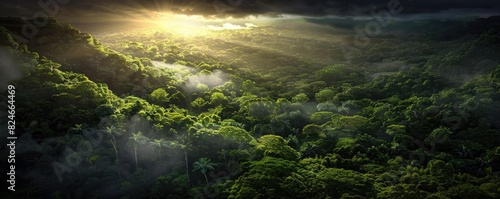 Sunrise illuminates a lush rainforest, casting golden rays over dense, vibrant greenery and misty atmosphere in a breathtaking landscape.