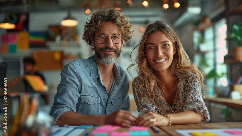 Smiling Colleagues in Creative Office. Two smiling colleagues, a man and a woman, sitting together in a bright, colorful, and creative office space. Smiling Colleagues in Creative Office. Two smiling colleagues, a man and a woman, sitting together in a bright, colorful, and creative office space.
