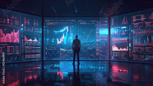 A man stands in front of a computer monitor that displays a cityscape. Concept of isolation and detachment from the outside world, as the man is surrounded by technology and the city lights