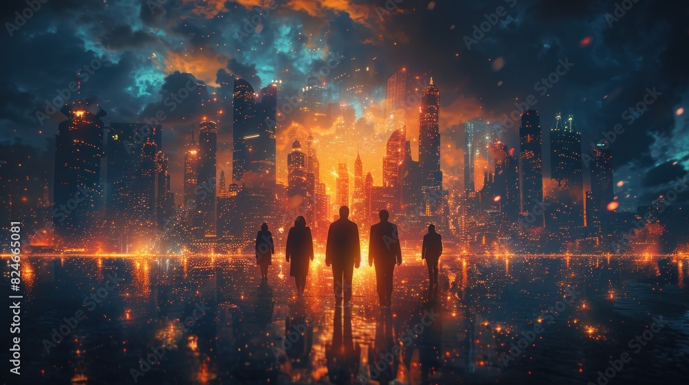 A dynamic movie poster showing a group of diverse business professionals standing united in front of a futuristic cityscape, glowing with opportunity A dynamic movie poster showing a group of diverse business professionals standing united in front of a futuristic cityscape, glowing with opportunity