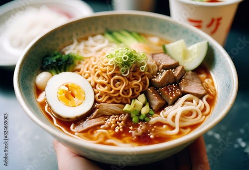 relistic food photo of a ramen dish, served takeaway, asian street food, served in a bowl takeaway photo
