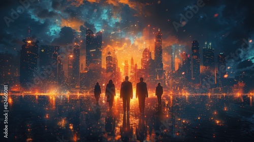 A dynamic movie poster showing a group of diverse business professionals standing united in front of a futuristic cityscape, glowing with opportunity photo