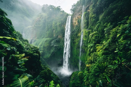 A majestic waterfall cascading down lush green cliffs, surrounded by tropical foliage and mist