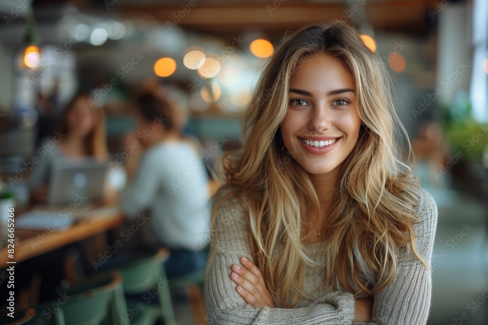 Smiling Woman in Cozy Cafe. Smiling woman with long hair sitting in a cozy cafe, surrounded by a lively atmosphere and warm lighting. Smiling Woman in Cozy Cafe. Smiling woman with long hair sitting in a cozy cafe, surrounded by a lively atmosphere and warm lighting.