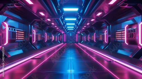 Futuristic Sci-Fi Interior with Blue and Pink and Purple Neon Lights  Spaceship Corridor Design  Product Background