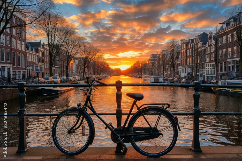 Fototapeta premium Tranquil Bicycle amsterdam bridge sunset. Sky water. Generate Ai