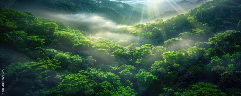 Sunlight breaking through the mist over a lush, vibrant rainforest canopy, illuminated with natural beauty and serenity. Sunlight breaking through the mist over a lush, vibrant rainforest canopy, illuminated with natural beauty and serenity.