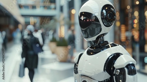AI robot with humanlike features interacting with people in a hightech environment, ultrarealistic and dynamic