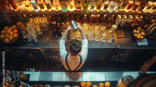 Top view of a barman shaking a shaker on the bar, pub background. Generative AI.