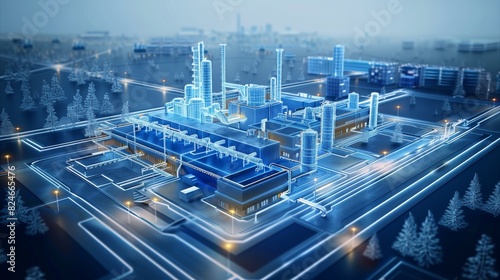 A 3D-style smart factory blue and white scheme smart factory, Data visualization Including automation equipment, AGV, warehousing equipment, factory workshop, environmental facilities. Generative AI.