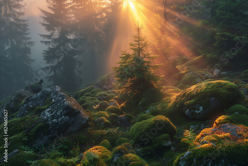 Old forest in the Carpathian mountains - with stones  moss  sunbeams  and pine trees
